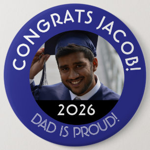 Personalised Congrats Grad Photo Dad Proud Blue 6 Cm Round Badge