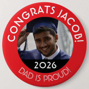 Personalised Congrats Grad Photo Dad Proud Red 6 Cm Round Badge