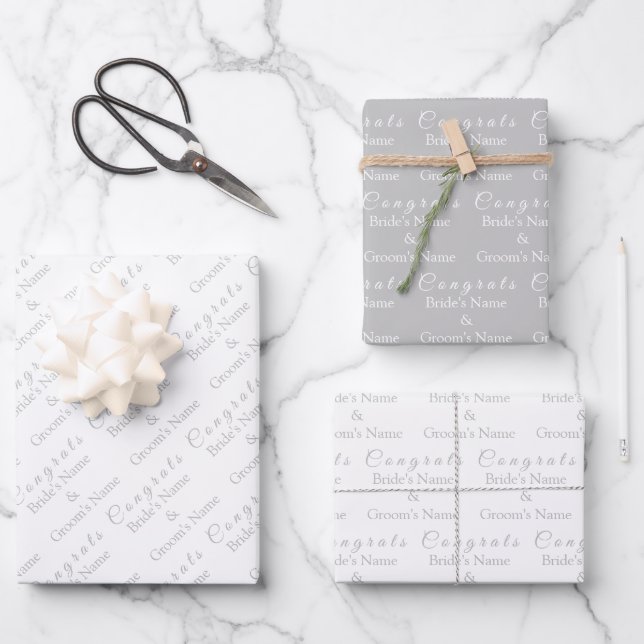 Personalised Congrats Name! Silver, White Wedding Wrapping Paper Sheet (Front)