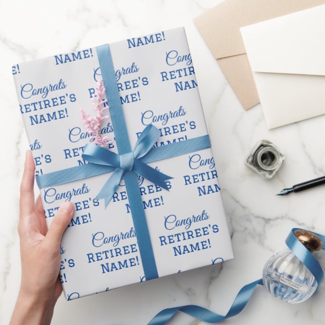 Personalised Congrats Retiree! Blue on Silver Wrapping Paper (Gifting)