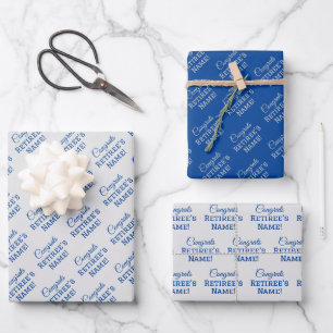 Personalised Congrats Retiree! Blue on Silver Wrapping Paper Sheet