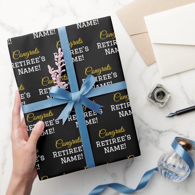 Personalised Congrats Retiree! Gold, White, Black Wrapping Paper (Gifting)