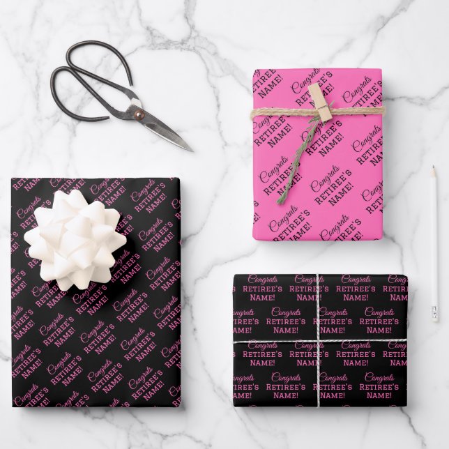 Personalised Congrats Retiree! Hot Pink on Black Wrapping Paper Sheet (Front)