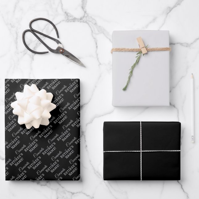 Personalised Congrats Retiree! Silver on Black Wrapping Paper Sheet (Front)