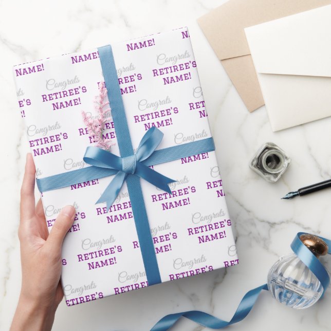 Personalised Congrats Retiree! Silver Purple White Wrapping Paper (Gifting)
