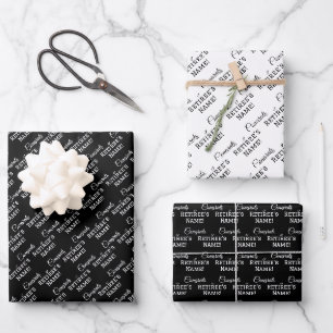 Personalised Congrats Retiree! White on Black Wrapping Paper Sheet
