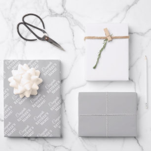 Personalised Congratulations Name, White on Silver Wrapping Paper Sheet