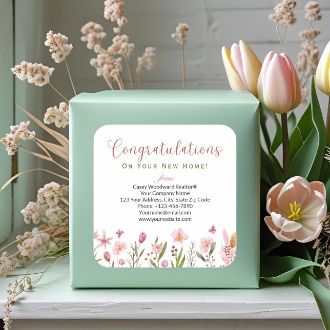 Personalised Congratulations Realtor Floral Square Sticker (Creator Uploaded)
