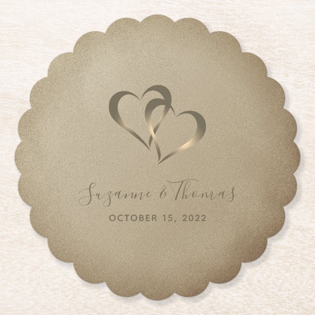 Personalised Connected Hearts Gold Paper Coaster (Front)