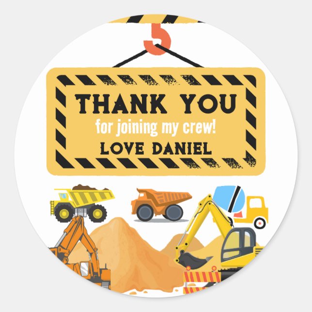 Personalised Construction Birthday Theme Thank You Classic Round Sticker (Front)
