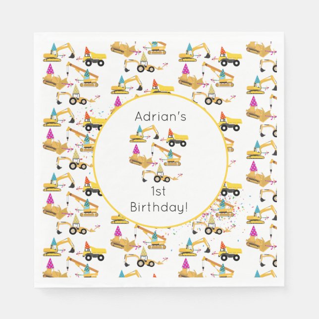 Personalised Construction Trucks Party Birthday  Napkin (Front)