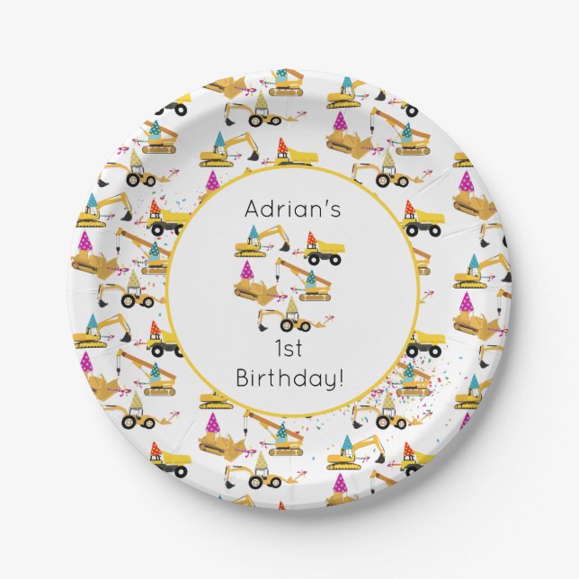 Personalised Construction Trucks Party Birthday Paper Plate (Front)