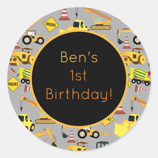 Personalised Construction Trucks Pattern Classic Round Sticker (Front)