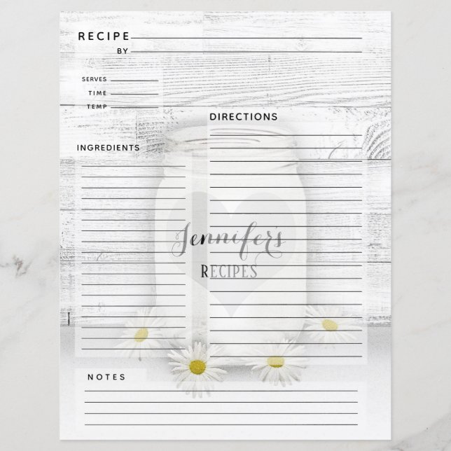 Personalised Cookbook Mason Jar Recipe Insert (Back)