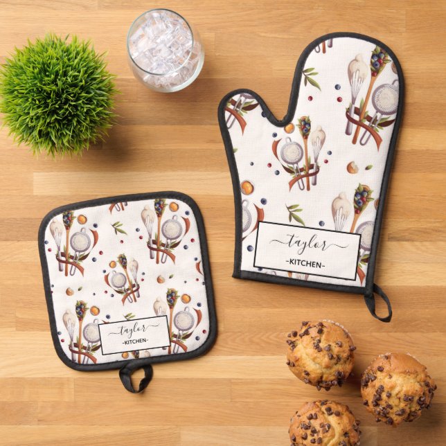 Personalised Cooking seamless pattern  Oven Mitt & Pot Holder Set (Top Down)