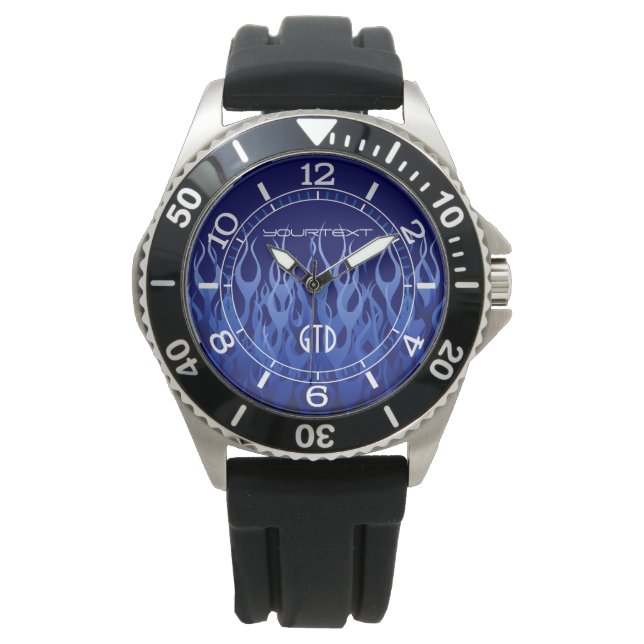 Personalised Cool Blue on Blue Racing Flames Dial Watch (Front)