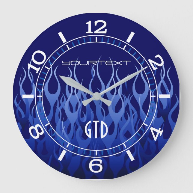 Personalised Cool Blue on Blue Racing Flames on a Large Clock (Front)