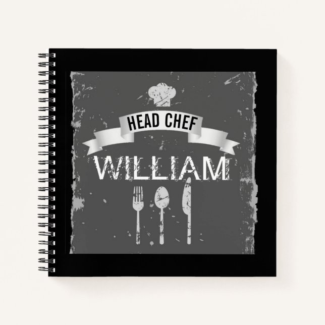 Personalised cool grey chef recipe book for men (Front)