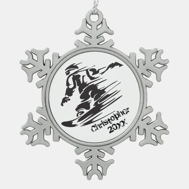 Personalised Cool Snowboarding Mountain Snowflake Pewter Christmas Ornament (Front)