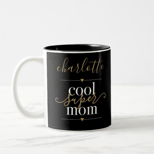 Personalised Cool Super Mum Black And Gold Two-Tone Coffee Mug (Left)