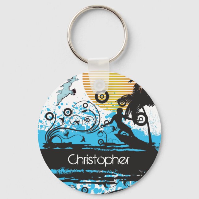 Personalised Cool Surfing Beach Surfer Key Ring (Front)