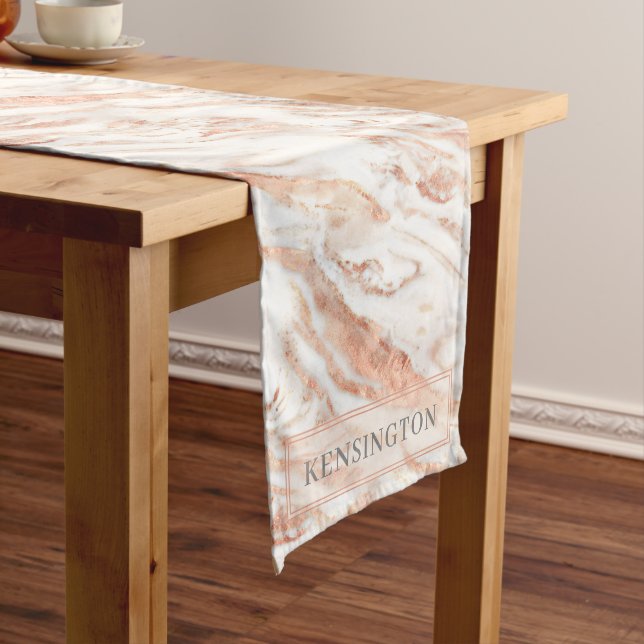 Personalised Copper Marble Rose Gold Metallic Short Table Runner (In Situ)