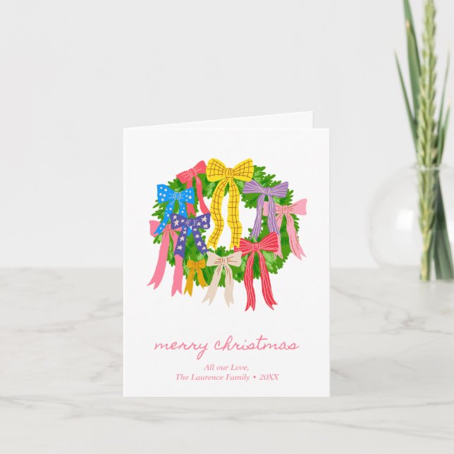 Personalised Coquette Bow Wreath Blank Folded Holiday Card (Front)