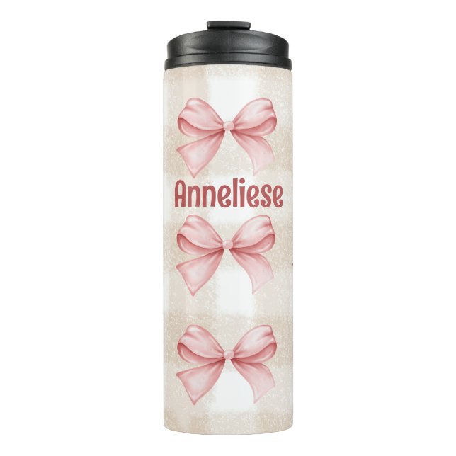 Personalised Coquette Bows with Beige gingham Thermal Tumbler (Front)