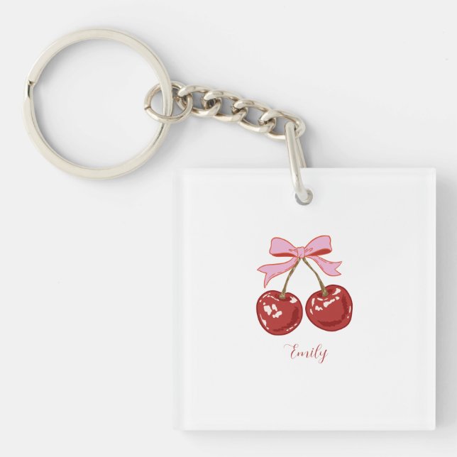 Personalised Coquette Cherry Bow Name  Key Ring (Front)