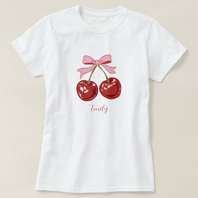 Personalised Coquette Cherry Bow Name  T-Shirt (Design Front)