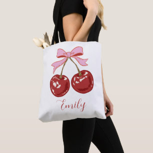 Personalised Coquette Cherry Bow Name Tote Bag