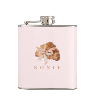 Personalised Coquette Croissant Pink Ribbon Hip Flask