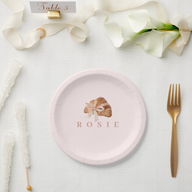 Personalised Coquette Croissant Pink Ribbon Paper Plate (Wedding)