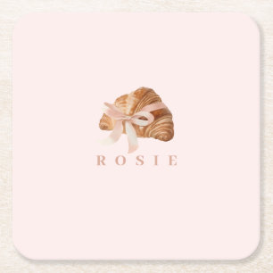 Personalised Coquette Croissant Pink Ribbon Square Paper Coaster
