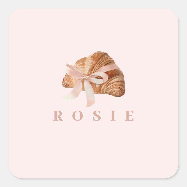 Personalised Coquette Croissant Pink Ribbon Square Sticker (Front)