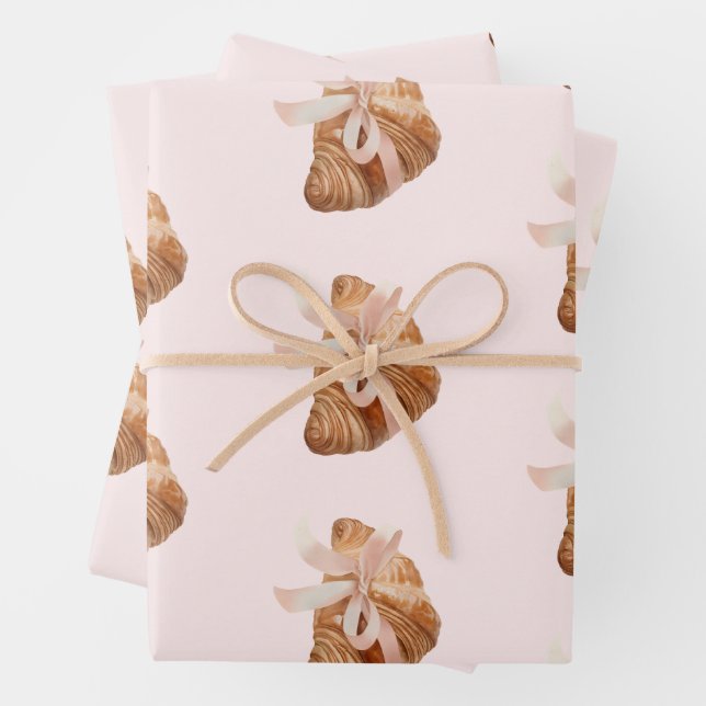 Personalised Coquette Croissant Pink Ribbon Wrapping Paper Sheet (In situ)