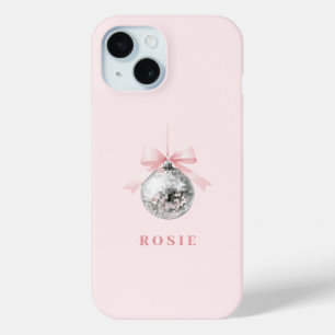 Personalised Coquette Disco Ball Pink Ribbon iPhone 15 Case