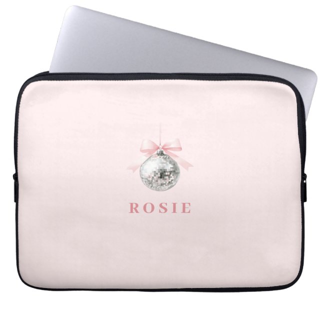 Personalised Coquette Disco Ball Pink Ribbon Laptop Sleeve (Front)