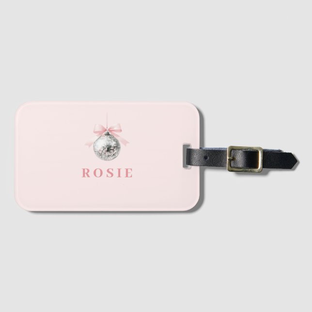 Personalised Coquette Disco Ball Pink Ribbon Luggage Tag (Front Horizontal)