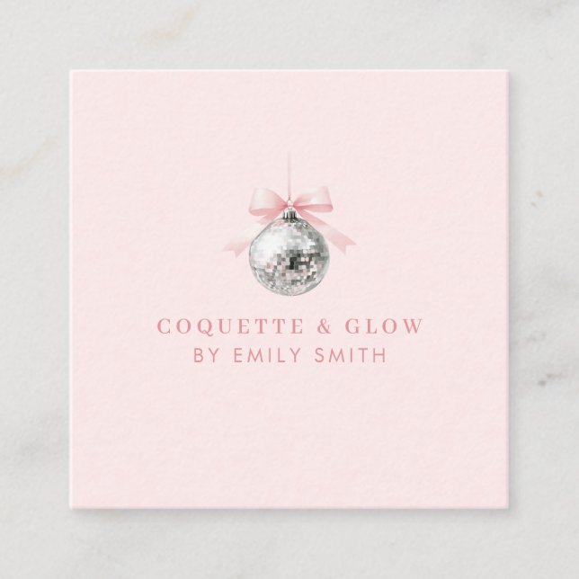 Personalised Coquette Disco Ball Pink Ribbon Square Business Card (Front)