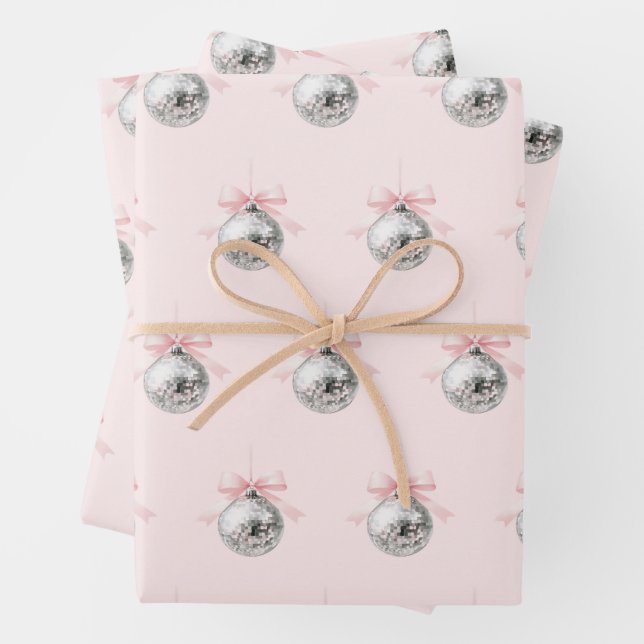 Personalised Coquette Disco Ball Pink Ribbon Wrapping Paper Sheet (In situ)