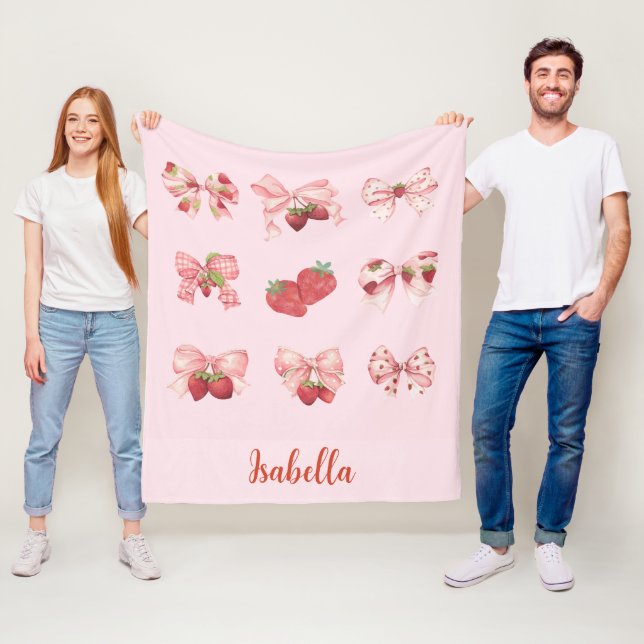 Personalised Coquette Strawberry & Bow  Fleece Bla Blanket (In Situ)