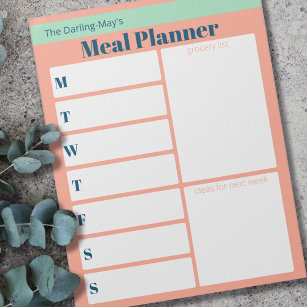 Personalised Coral Blue Meal Planner Grocery List Notepad