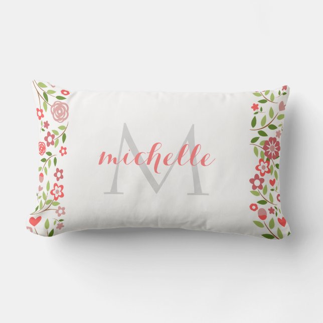 Personalised Coral Grey Floral Monogram Pattern Lumbar Cushion (Front)