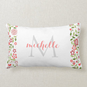 Personalised Coral Grey Floral Monogram Pattern Lumbar Cushion