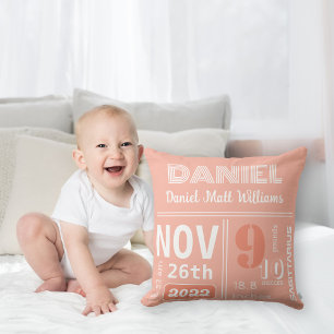 Personalised Coral Orange Birth Announcement Cushion