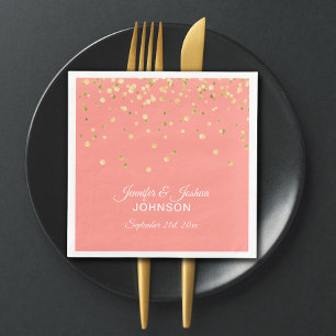 Personalised CORAL Peach Gold Confetti Wedding Napkin