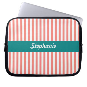 Personalised Coral Pink and White Stripes Laptop Sleeve