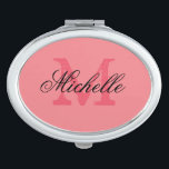 Personalised coral pink monogram compact mirror<br><div class="desc">Personalised name monogram makeup compact mirror. Custom oval compact mirror with elegant script typography and vintage monogram name initial letter. Cute girly gift idea for women and teen girls. Also makes an elegant wedding favour for beautiful bride, bridesmaids, maid of honour, guests etc. Customisable background colour. ie coral pink. Stylish...</div>
