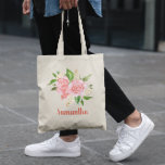 Personalised Coral Pink Watercolor Rose Tote Bag<br><div class="desc">Create you own personalised coral pink rose and peach flower bouquet bridesmaid gift.
A floral design for your romantic wedding theme.
You can change the dark orange red colour of the modern calligraphy style font.</div>